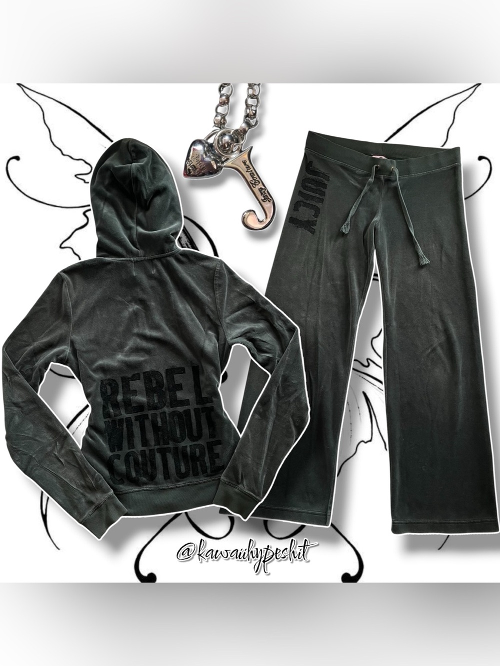 VTG Y2K Juicy Couture Green/Black Velvet Hoodie & Pants Tracksuit Set